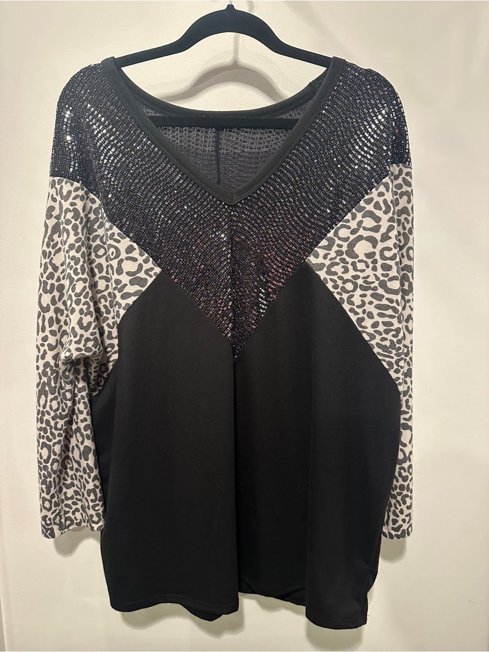 HEIMISH USA Black Sequin V-Neck Top with Leopard-Print Sleeves 2X